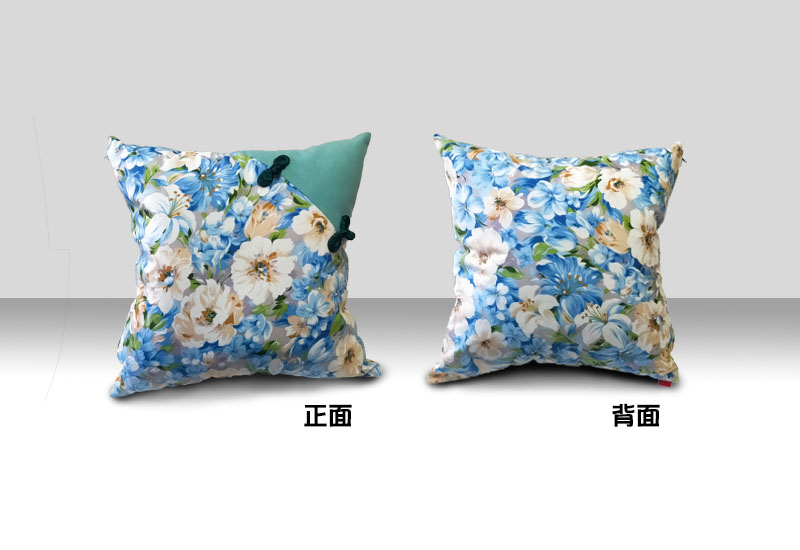 台灣花布 釦子抱枕套-藍色